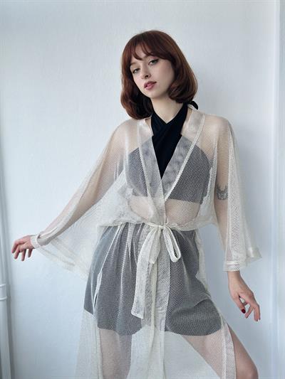 Retrobird Shiny Mesh Fabric Long Kimono