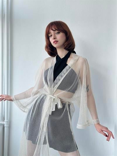 Retrobird Shiny Mesh Fabric Long Kimono