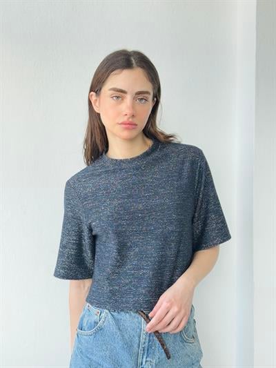 Retrobird Parlak Simli Lacivert Crop Bluz