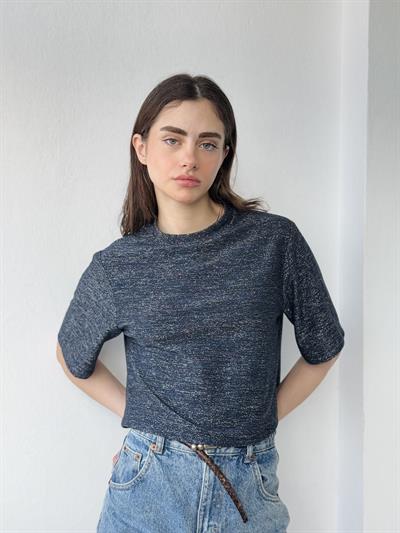 Retrobird Parlak Simli Lacivert Crop Bluz