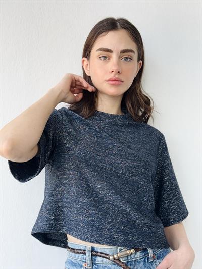 Retrobird Parlak Simli Lacivert Crop Bluz