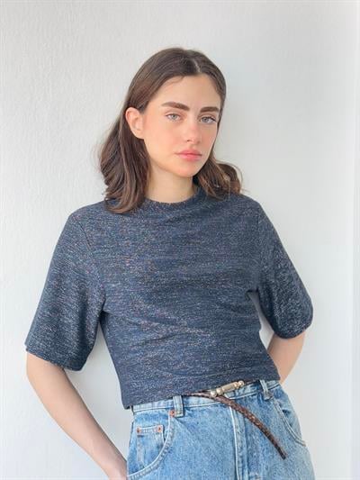 Retrobird Parlak Simli Lacivert Crop Bluz