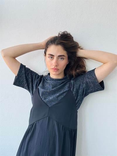 Retrobird Parlak Simli Lacivert Crop Bluz