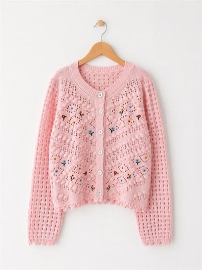 Retrobird Pembe Nakış İşlemeli Romantik Hırka