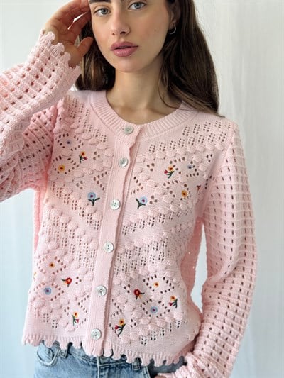 Retrobird Pembe Nakış İşlemeli Romantik Hırka