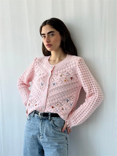 Retrobird Pembe Nakış İşlemeli Romantik Hırka