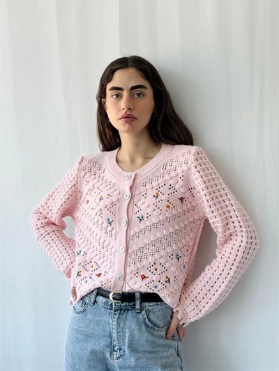 Retrobird Pembe Nakış İşlemeli Romantik Hırka