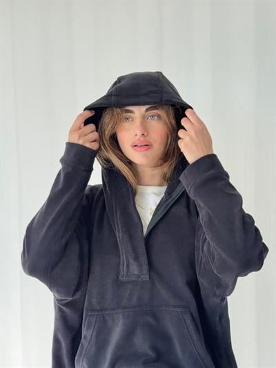 Retrobird Polar Kumaş Oversize Kapüşonlu Siyah Sweatshirt