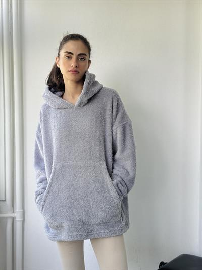 Retrobird Polar and Velour Blend Thick Winter Oversize Unisex Hooded Gray Sweatshirt