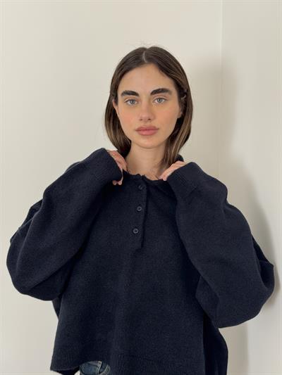 Retrobird Navy Blue Polo Collar Basic Sweater