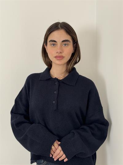 Retrobird Navy Blue Polo Collar Basic Sweater