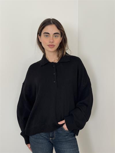 Retrobird Black Polo Collar Basic Sweater