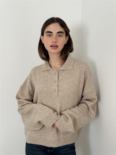 Retrobird Sand-Colored Polo Collar Basic Sweater