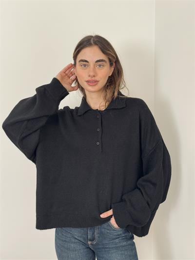 Retrobird Black Polo Collar Basic Sweater