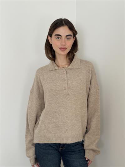 Retrobird Sand-Colored Polo Collar Basic Sweater