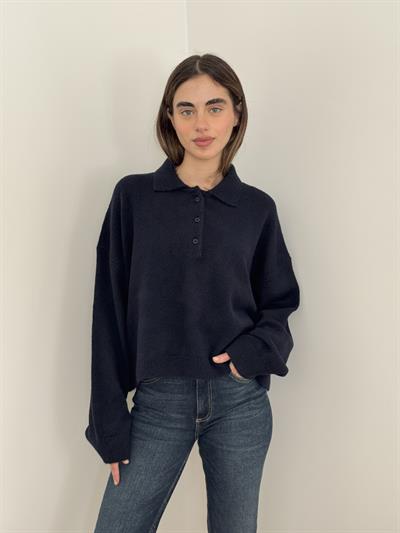 Retrobird Navy Blue Polo Collar Basic Sweater
