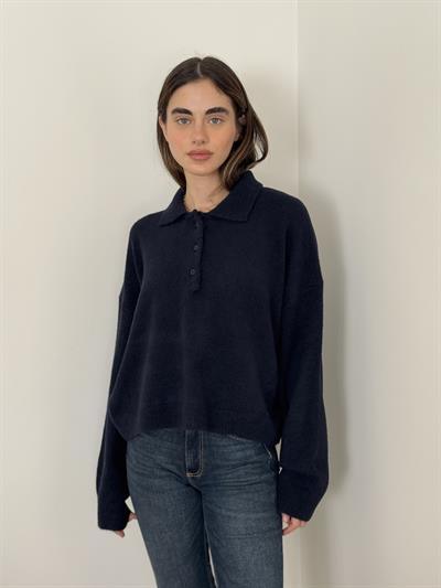 Retrobird Navy Blue Polo Collar Basic Sweater