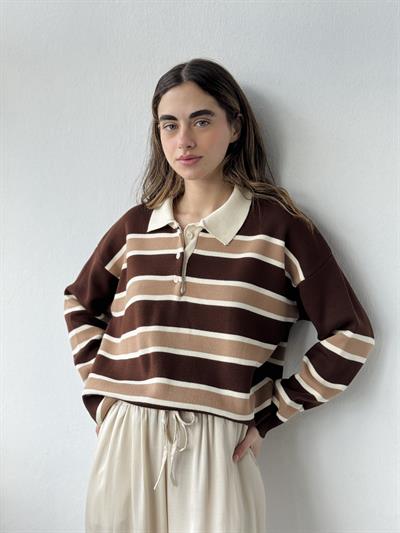 Retrobird Polo Collar Striped Cognac - Tan Knit Sweater