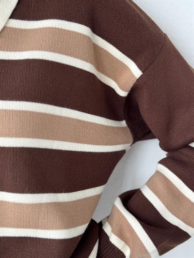 Retrobird Polo Collar Striped Cognac - Tan Knit Sweater