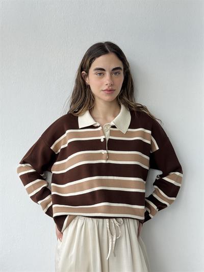 Retrobird Polo Collar Striped Cognac - Tan Knit Sweater
