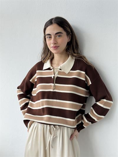 Retrobird Polo Collar Striped Cognac - Tan Knit Sweater