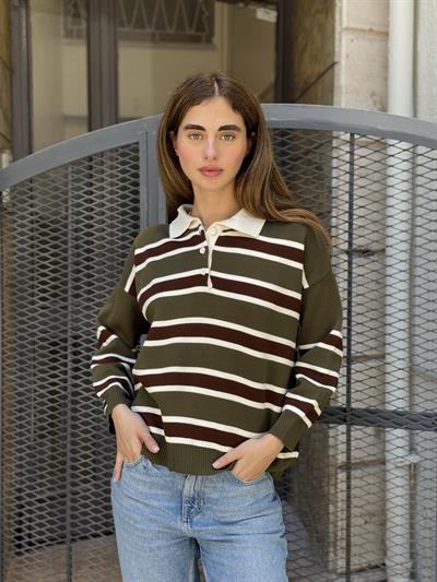 Retrobird Polo Yaka Çizgili Haki Triko Kazak