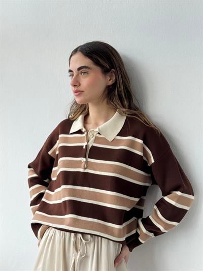 Retrobird Polo Collar Striped Cognac - Tan Knit Sweater