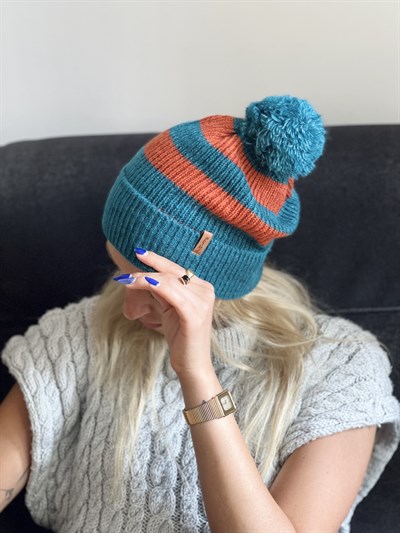 Retrobird Ponponlu Çizgi Desenli Unisex Petrol-Kiremit Renkli Pamuk Akrilik İplikten Bere