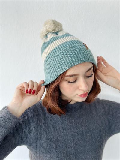 Retrobird Ponponlu Çizgi Desenli Çağla Renkli Unisex Bere