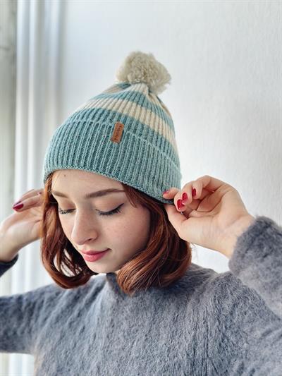 Retrobird Ponponlu Çizgi Desenli Çağla Renkli Unisex Bere