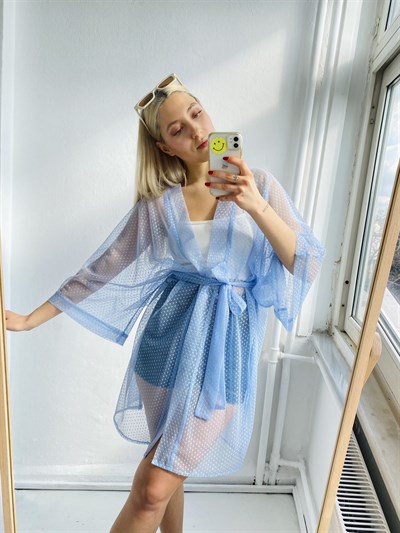 Retrobird Rahat Kesim Mavi Renkli Tül Kumaş Kadın Standart Kimono
