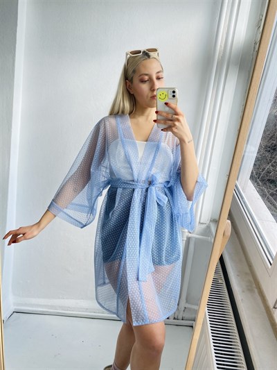 Retrobird Rahat Kesim Mavi Renkli Tül Kumaş Kadın Standart Kimono