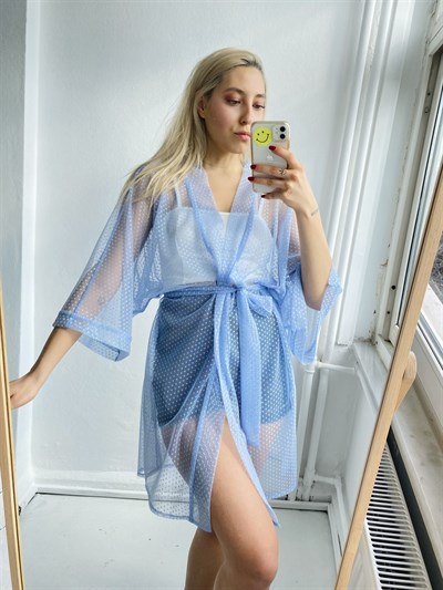 Retrobird Rahat Kesim Mavi Renkli Tül Kumaş Kadın Standart Kimono