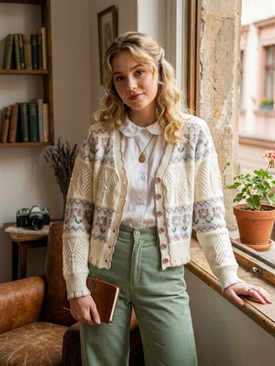 Retrobird Rosalie Fit Triko Hırka – Pastel Vintage Çiçek Desenli