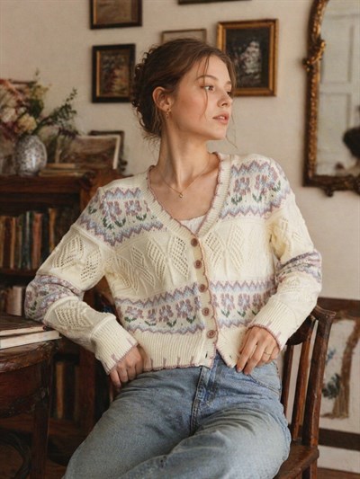 Retrobird Rosalie Fit Triko Hırka – Pastel Vintage Çiçek Desenli