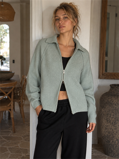 Retrobird Rosalie Oversize Polo Yaka Çift Fermuarlı Buz Mavi Triko Hırka