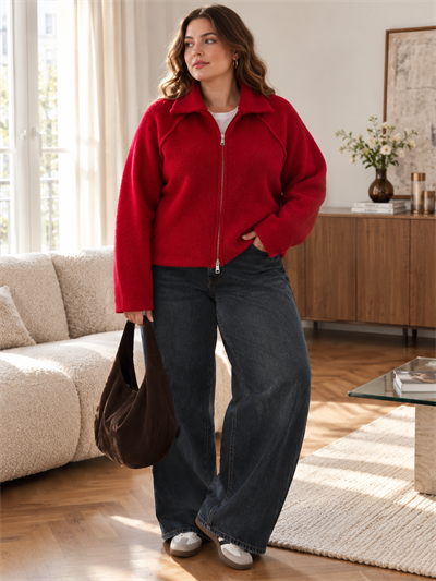 Retrobird Rosalie Oversize Polo Yaka Çift Fermuarlı Kırmızı Triko Hırka