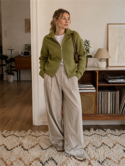 Retrobird Rosalie Oversize Polo Yaka Çift Fermuarlı Haki Triko Hırka