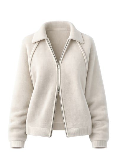 Retrobird Rosalie Oversize Polo Yaka Çift Fermuarlı Krem Triko Hırka