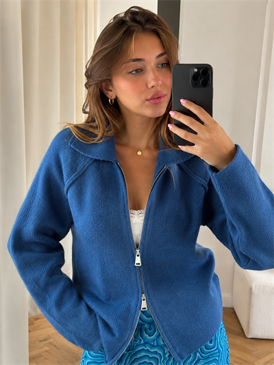 Retrobird Rosalie Oversize Polo Yaka Çift Fermuarlı Lacivert Triko Hırka