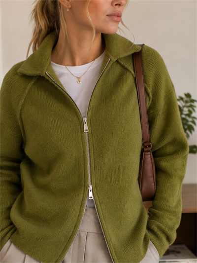 Retrobird Rosalie Oversize Polo Yaka Çift Fermuarlı Haki Triko Hırka