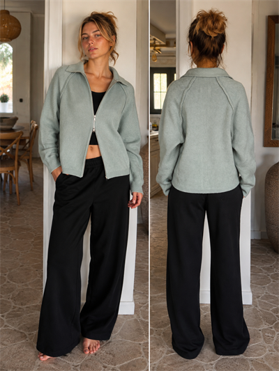 Retrobird Rosalie Oversize Polo Yaka Çift Fermuarlı Buz Mavi Triko Hırka
