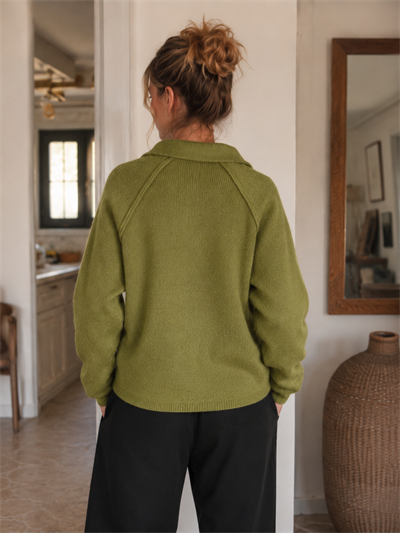 Retrobird Rosalie Oversize Polo Yaka Çift Fermuarlı Haki Triko Hırka