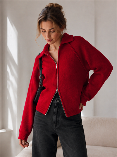 Retrobird Rosalie Oversize Polo Yaka Çift Fermuarlı Kırmızı Triko Hırka