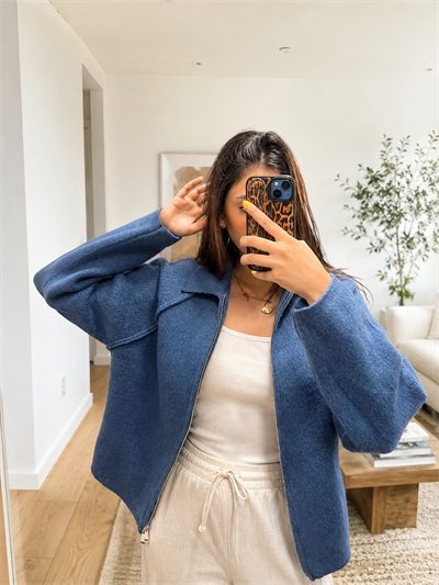Retrobird Rosalie Oversize Polo Yaka Çift Fermuarlı Lacivert Triko Hırka