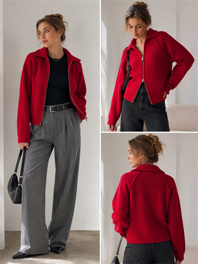 Retrobird Rosalie Oversize Polo Yaka Çift Fermuarlı Kırmızı Triko Hırka