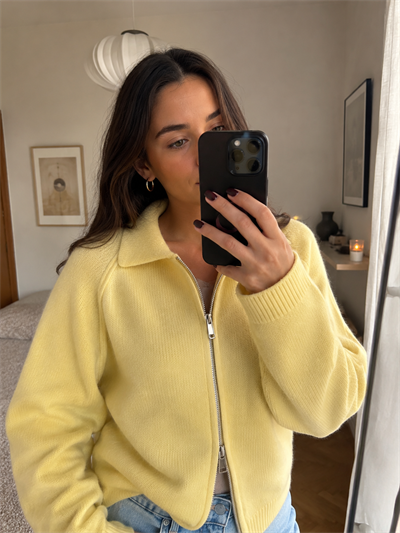 Retrobird Rosalie Oversize Polo Yaka Çift Fermuarlı Sarı Triko Hırka