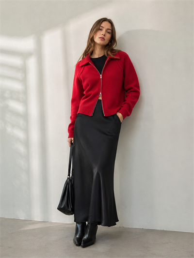 Retrobird Rosalie Oversize Polo Yaka Çift Fermuarlı Kırmızı Triko Hırka