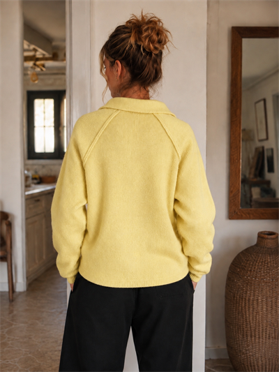 Retrobird Rosalie Oversize Polo Yaka Çift Fermuarlı Sarı Triko Hırka