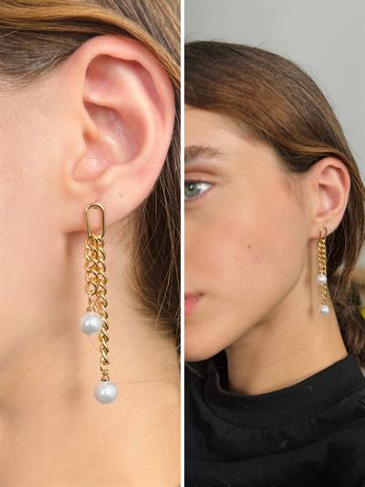 Retrobird Dangling Chain and Pearl Detail Gold Color Single Earring
